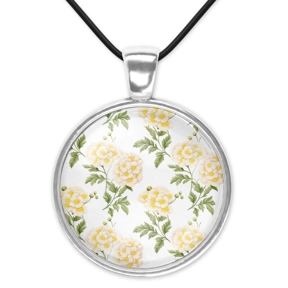 None Jewelry - Floral Pendant Necklace with Yellow and Green Design 1 Inch Pendant